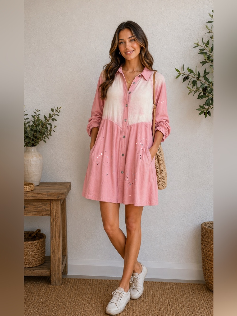 Davi & Dani Pink Painted Button Front Tunic Dress Small Cotton Western Babydoll